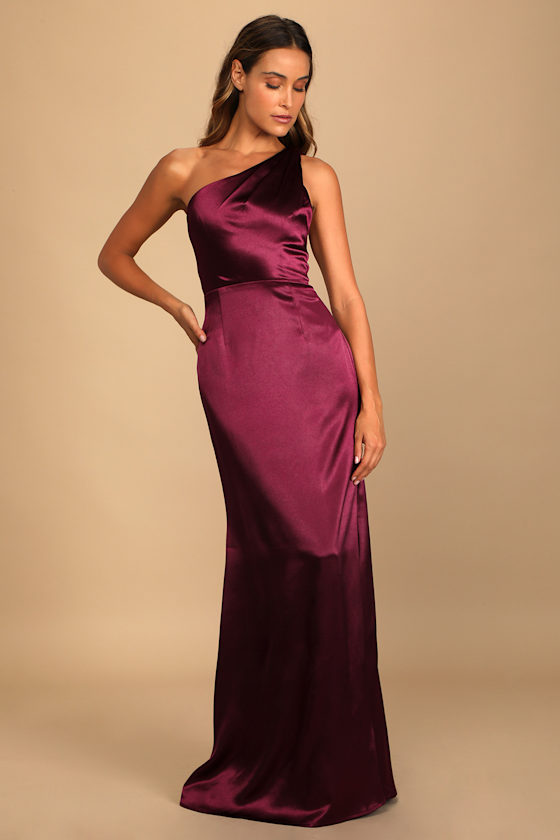 On the Guest List Burgundy Satin One-Shoulder Maxi Dress 1
