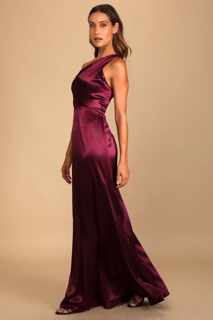 On the Guest List Burgundy Satin One-Shoulder Maxi Dress