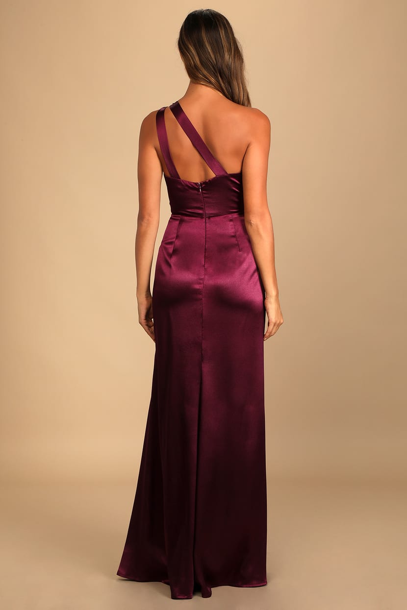 On the Guest List Burgundy Satin One-Shoulder Maxi Dress