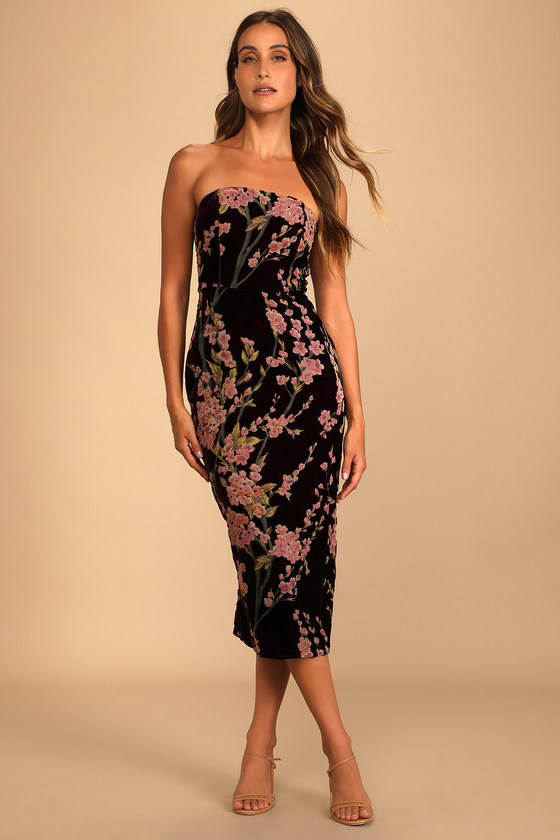 Buy You Flowers Plum Floral Print Velvet Strapless Midi Dress