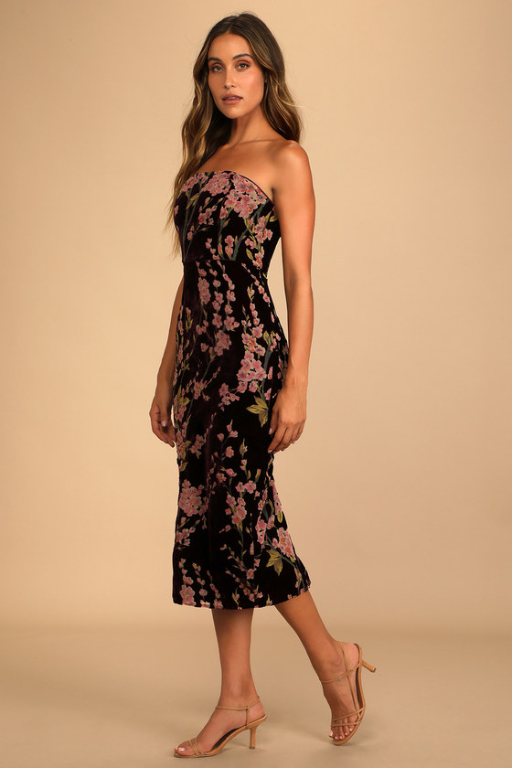 Plum Floral Print Dress - Burnout Velvet Dress - Strapless Midi