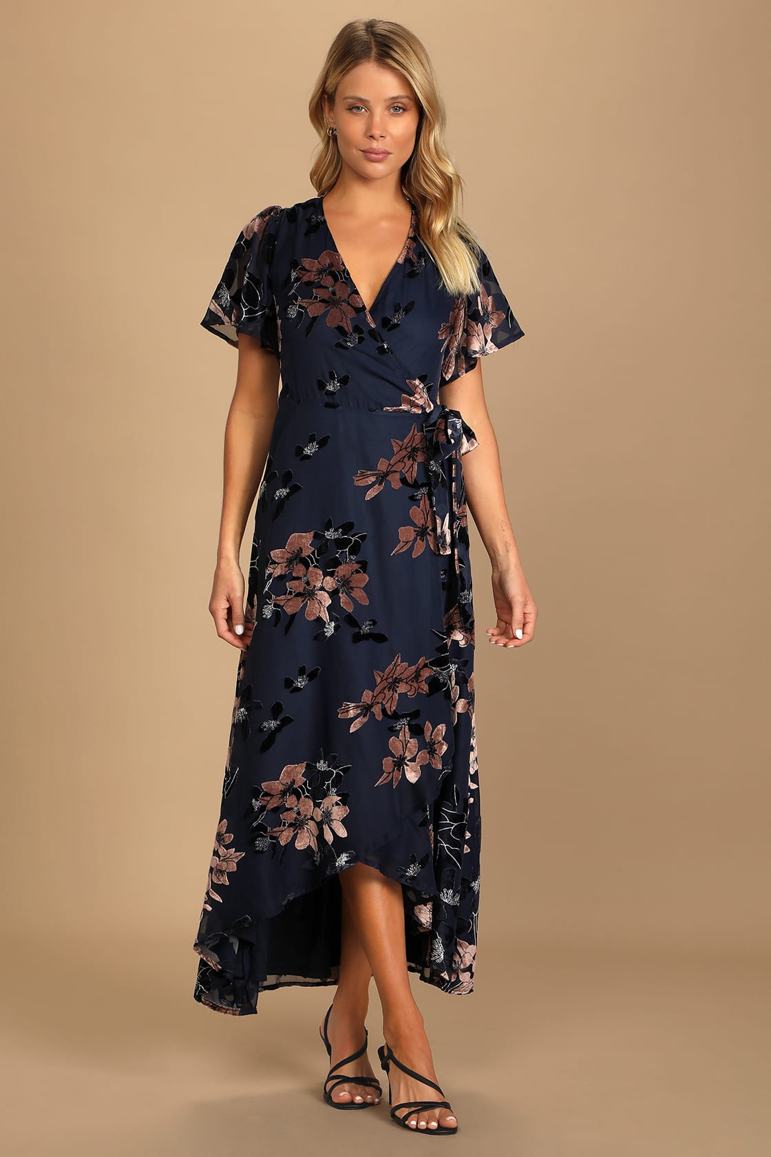 Bistro Dates Navy Blue Burnout Velvet Jacquard Wrap Maxi Dress