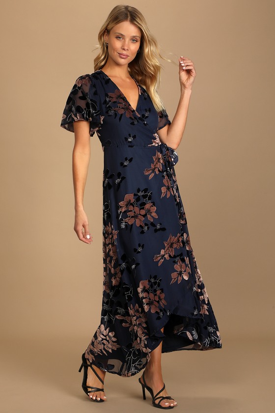 Navy Blue Wrap Dress Velvet Floral Dress Burnout Floral Dress