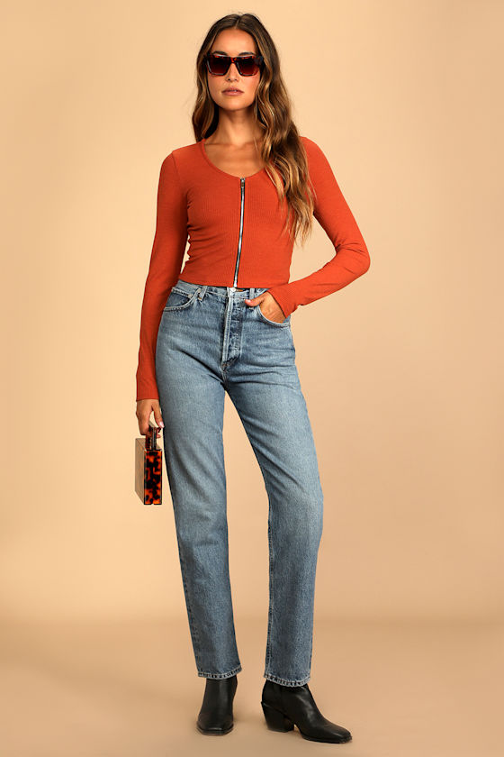 Bold Trends Rust Orange Ribbed Long Sleeve Zip-Front Top 5