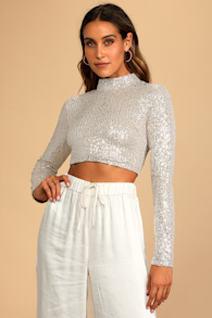 Dazzling Beauty Silver Sequin Long Sleeve Mock Neck Crop Top 4