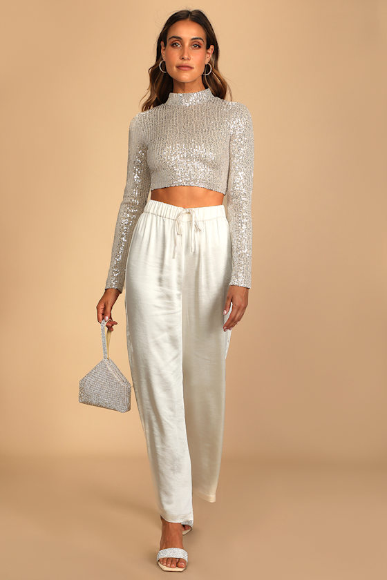 Dazzling Beauty Silver Sequin Long Sleeve Mock Neck Crop Top
