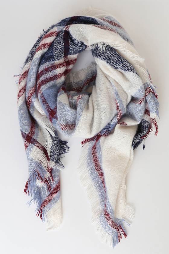 Keep the Chill Blue Multi Plaid Oversized Fringe Scarf 1