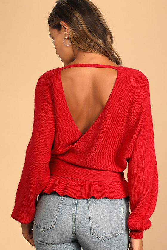 Sweet and Sophisticated Red Knit Faux-Wrap Sweater 1