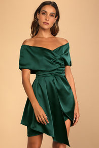 Always Celebrating Dark Green Satin Off-the-Shoulder Mini Dress