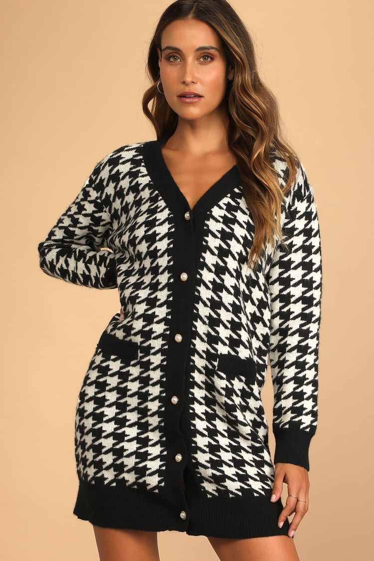 black dress with white cardigan