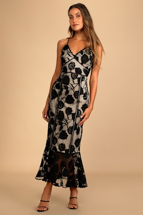 lulus dream floral mesh midi dress Black Midi Dress - Trumpet Dress - Floral Lace Dress