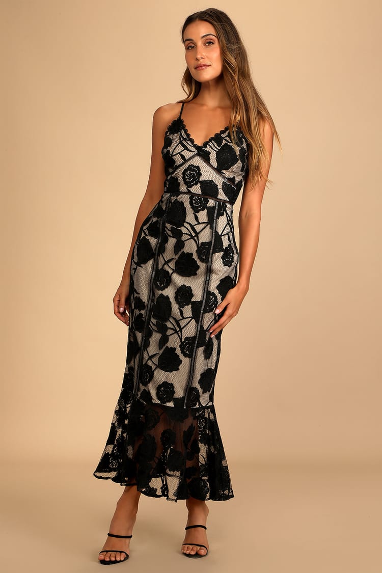 Black Midi Dress - Trumpet Dress - Floral Lace Dress - Lulus