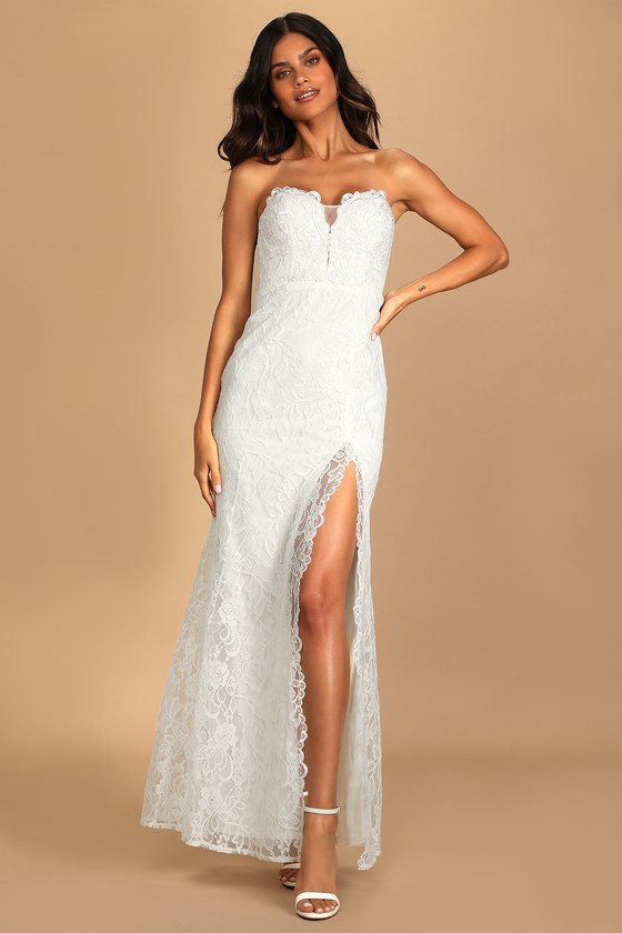 Passionate Charisma White Lace Strapless Mermaid Maxi Dress