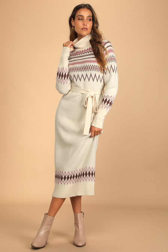 Lulus Chilly Forecast Cream Multi Knit Turtleneck Sweater Midi Dress