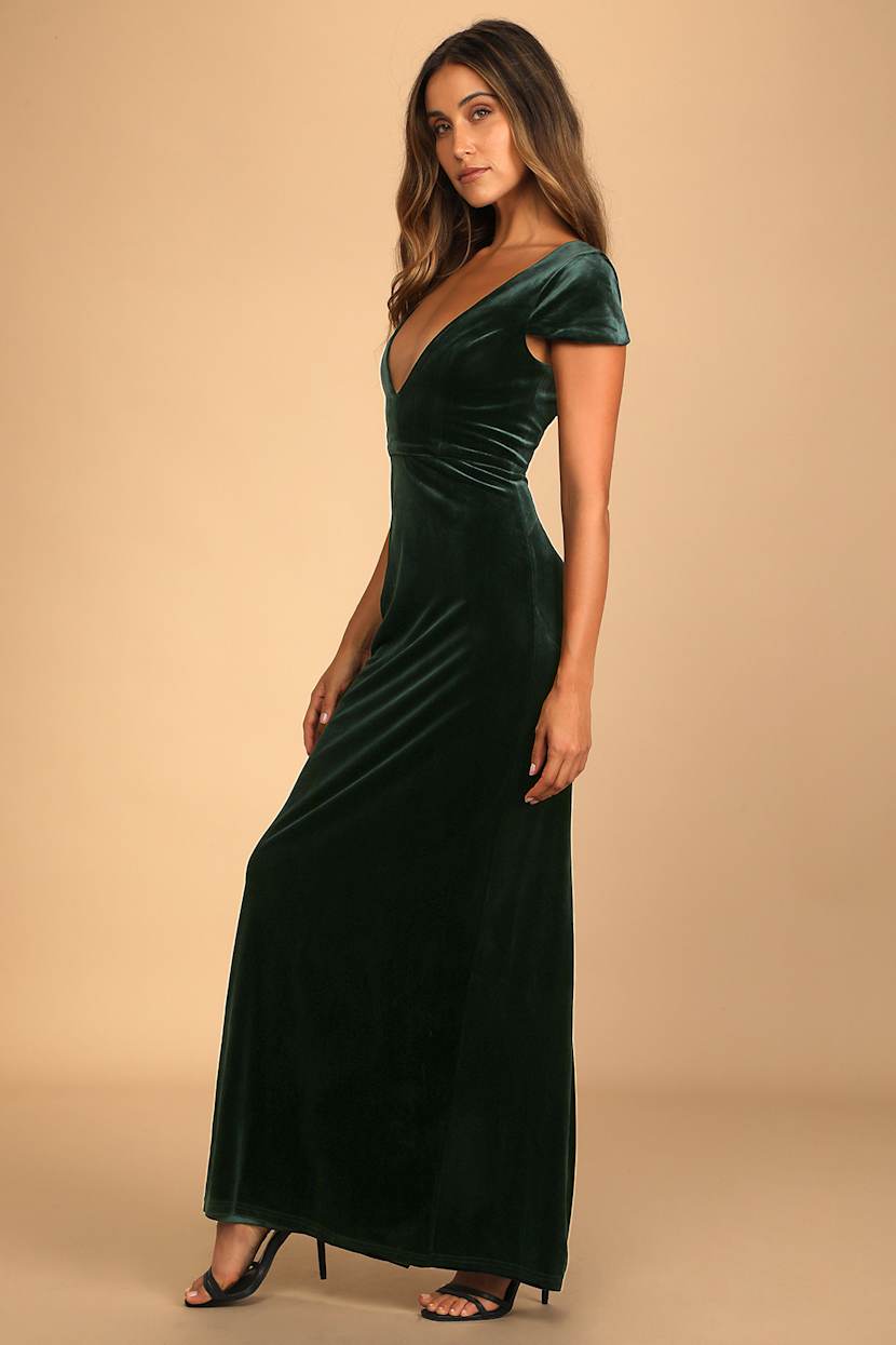 slim fit dress slacks BABARONI V-Neck Ruffled Bodice Max Velvet Dresses with Silt Dusty Sage, Dusty Sage / US0