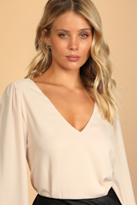 Stylish and Sincere Beige Long Sleeve V-Neck Top 1