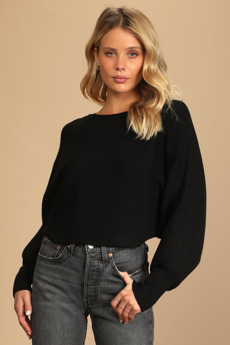 Come and Cuddle Black Ribbed Knit Dolman Sleeve Cropped Sweater