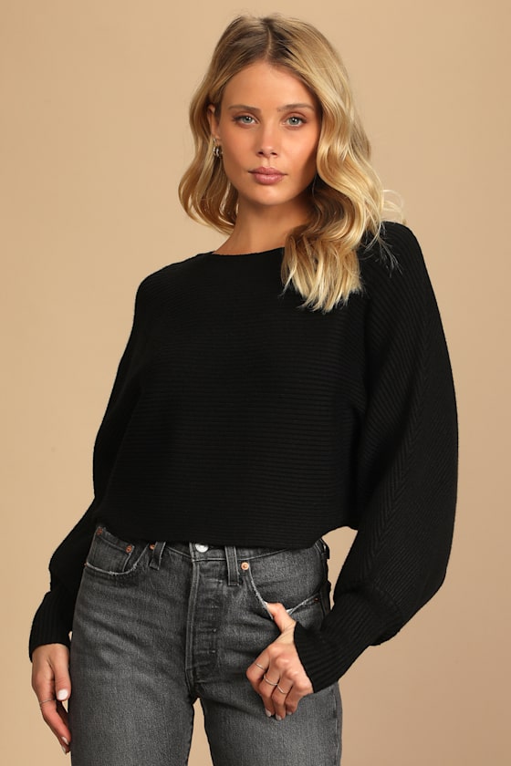Come and Cuddle Black Ribbed Knit Dolman Sleeve Cropped Sweater 3