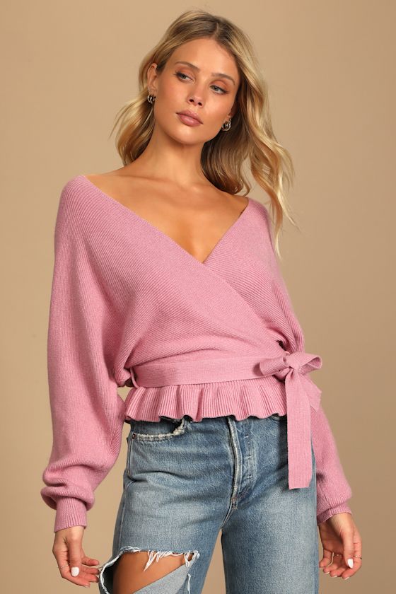 Sweet and Sophisticated Rose Pink Knit Faux-Wrap Sweater 4