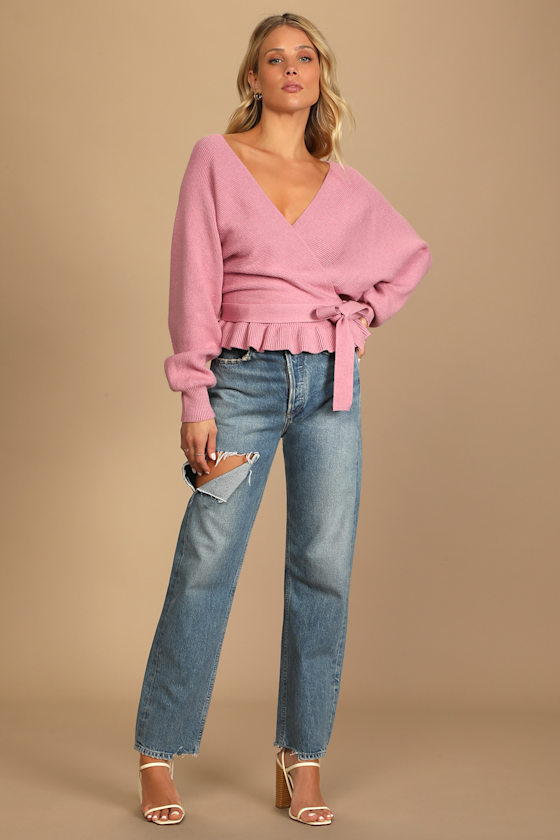 Sweet and Sophisticated Rose Pink Knit Faux-Wrap Sweater 5