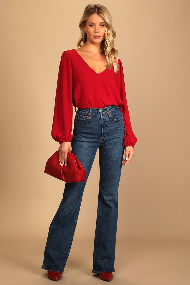 Stylish and Sincere Berry Red Long Sleeve V-Neck Top