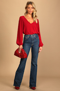 Stylish and Sincere Berry Red Long Sleeve V-Neck Top 5