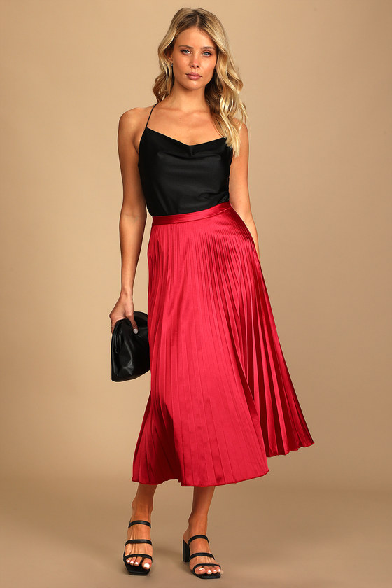 Fashionable Babe Bright Red Satin Pleated Midi Skirt