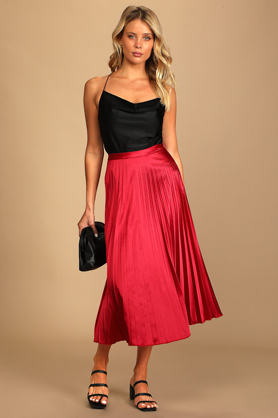 Fashionable Babe Bright Red Satin Pleated Midi Skirt 5