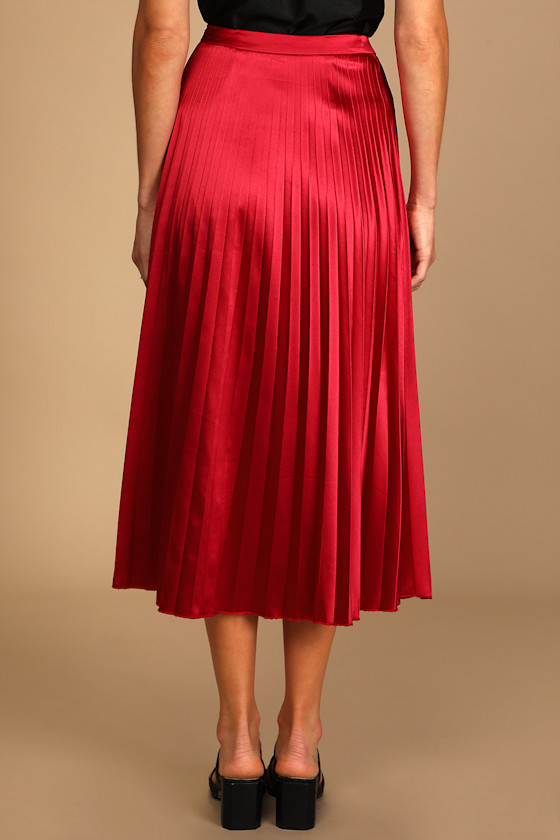 Fashionable Babe Bright Red Satin Pleated Midi Skirt 2