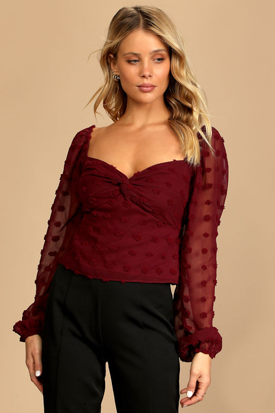 Flawless Style Burgundy Swiss Dot Long Sleeve Top 4