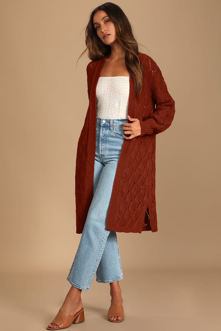 Rust Red Cardigan Pointelle Knit Cardigan Cardigan Sweater Lulus