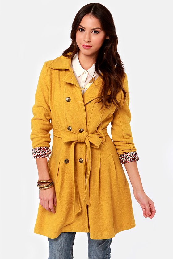 Cute Mustard Yellow Coat Double Breasted Coat Belted Coat 114.00