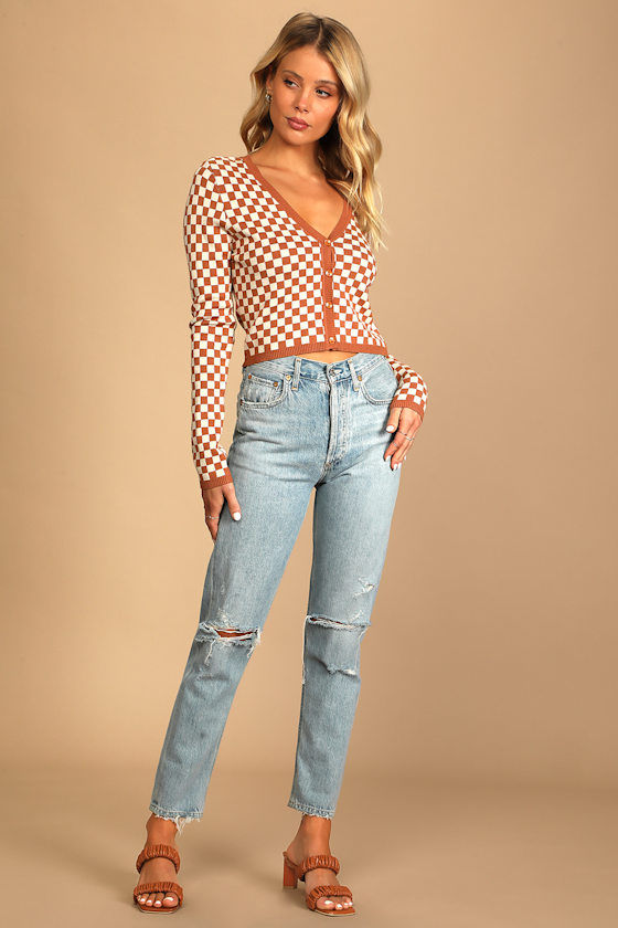 Style Course Brown Checkered Button-Up Cardigan Sweater 5