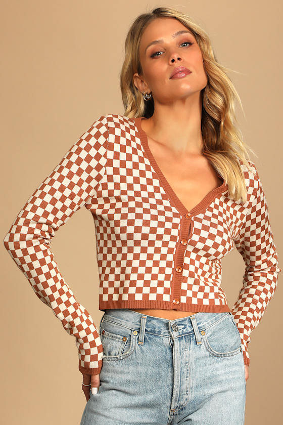 Style Course Brown Checkered Button-Up Cardigan Sweater 4