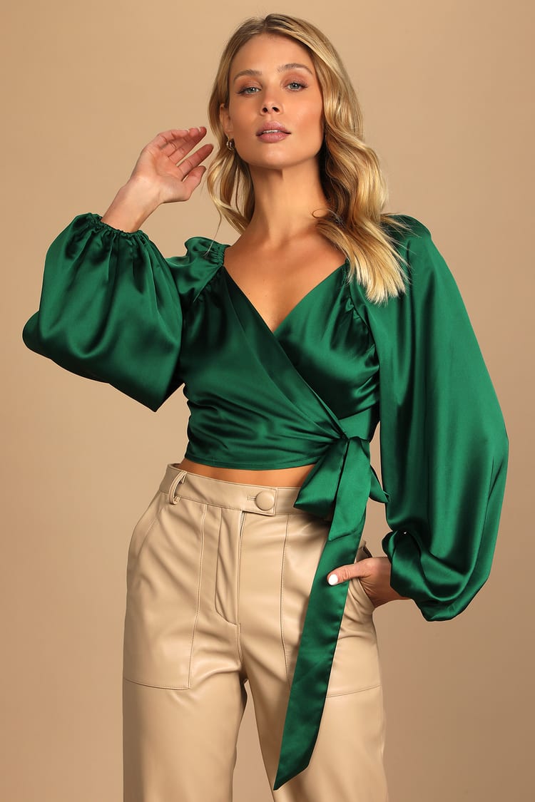 Green Crop Top - Satin Crop Top - Wrap Top - Long Sleeve Top - Lulus