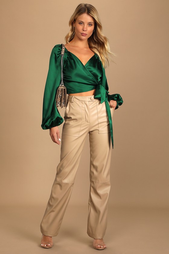 Green Crop Top - Satin Crop Top - Wrap Top - Long Sleeve Top - Lulus