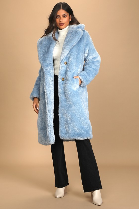 Stepping Out in Style Light Blue Faux Fur Long Coat
