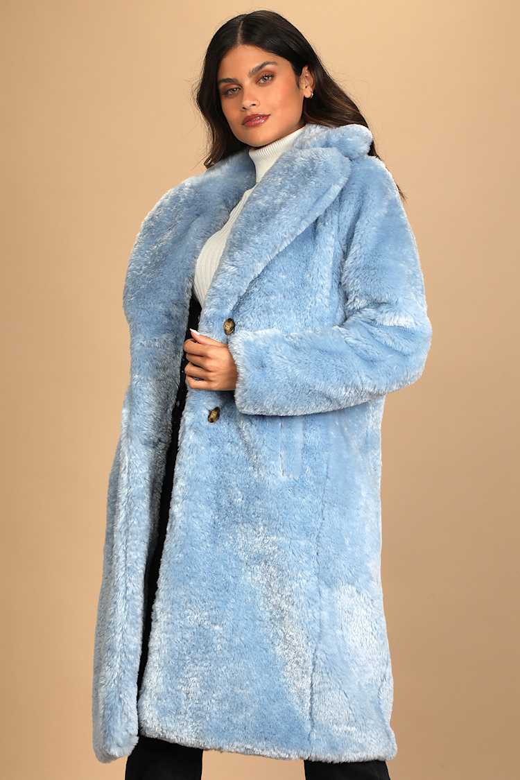 Stepping Out in Style Light Blue Faux Fur Long Coat