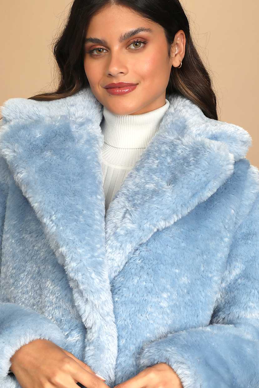 Stepping Out in Style Light Blue Faux Fur Long Coat