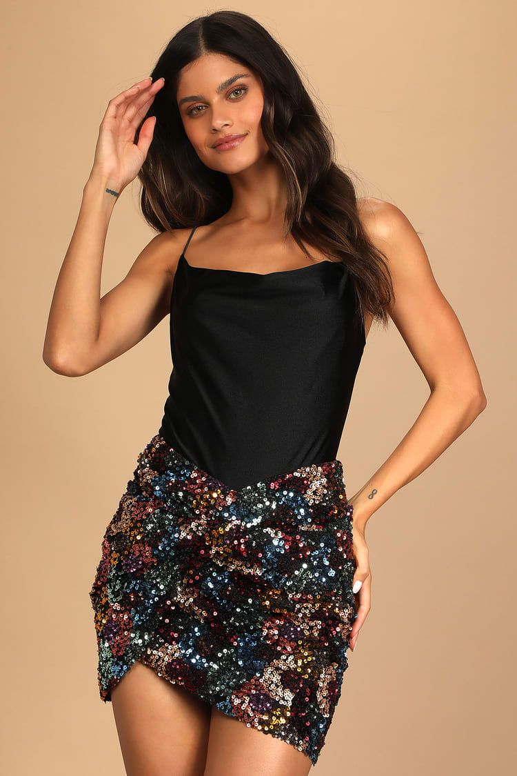 Prismatic Perfection Rainbow Sequin Tulip Mini Skirt