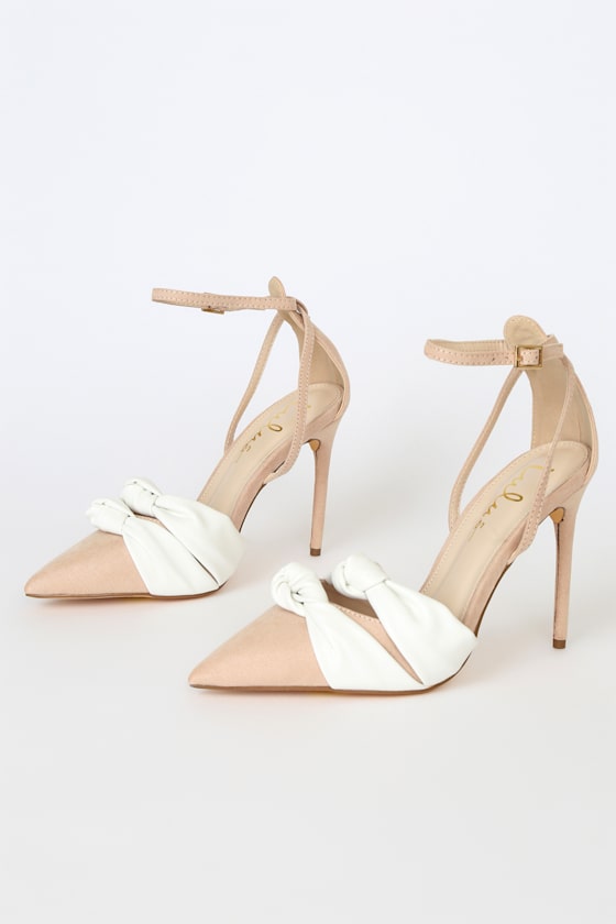 Santina White and Light Nude Pointed-Toe Ankle Strap Pumps 4