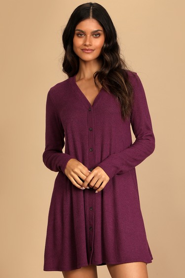 Sweet Comfort Heather Purple Button-Front Sweater Dress