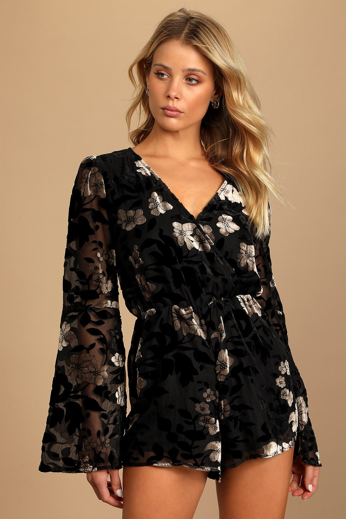 Black Floral Romper - Burnout Velvet Romper - Long Sleeve Romper - Lulus