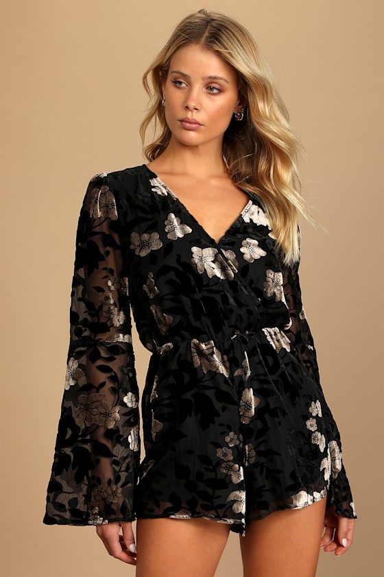 Fits the Mood Black Floral Print Velvet Long Sleeve Romper 3