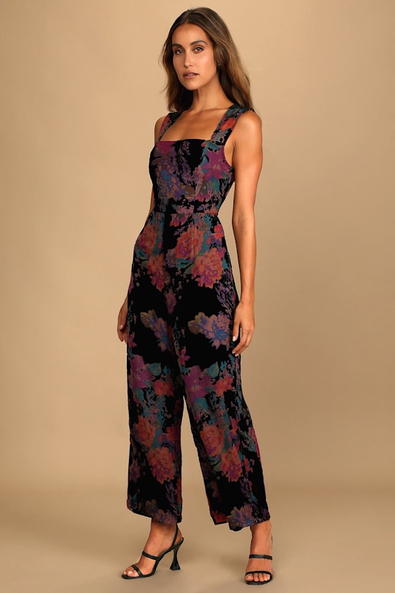 Moody Vibes Black Burnout Velvet Floral Print Wide-Leg Jumpsuit 6
