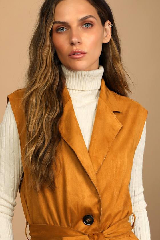 Brisk Bliss Camel Suede Sleeveless Trench Coat 5