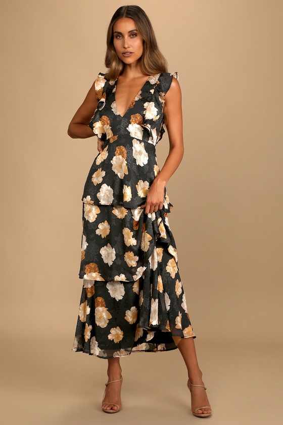 Black Floral Print Dress - Tiered Maxi Dress - Ruffled Dress - Lulus