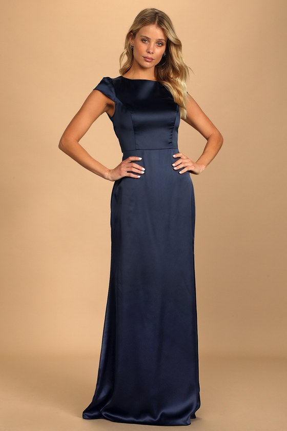 Celebration of Romance Navy Blue Satin Tie-Back Maxi Dress