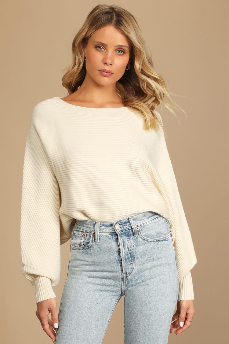 Come and Cuddle Cream Ribbed Knit Dolman Sleeve Cropped Sweater