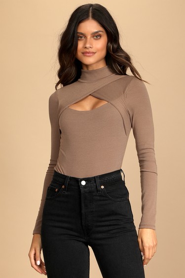 Totally Elevated Taupe Ribbed Cutout Long Sleeve Bodysuit